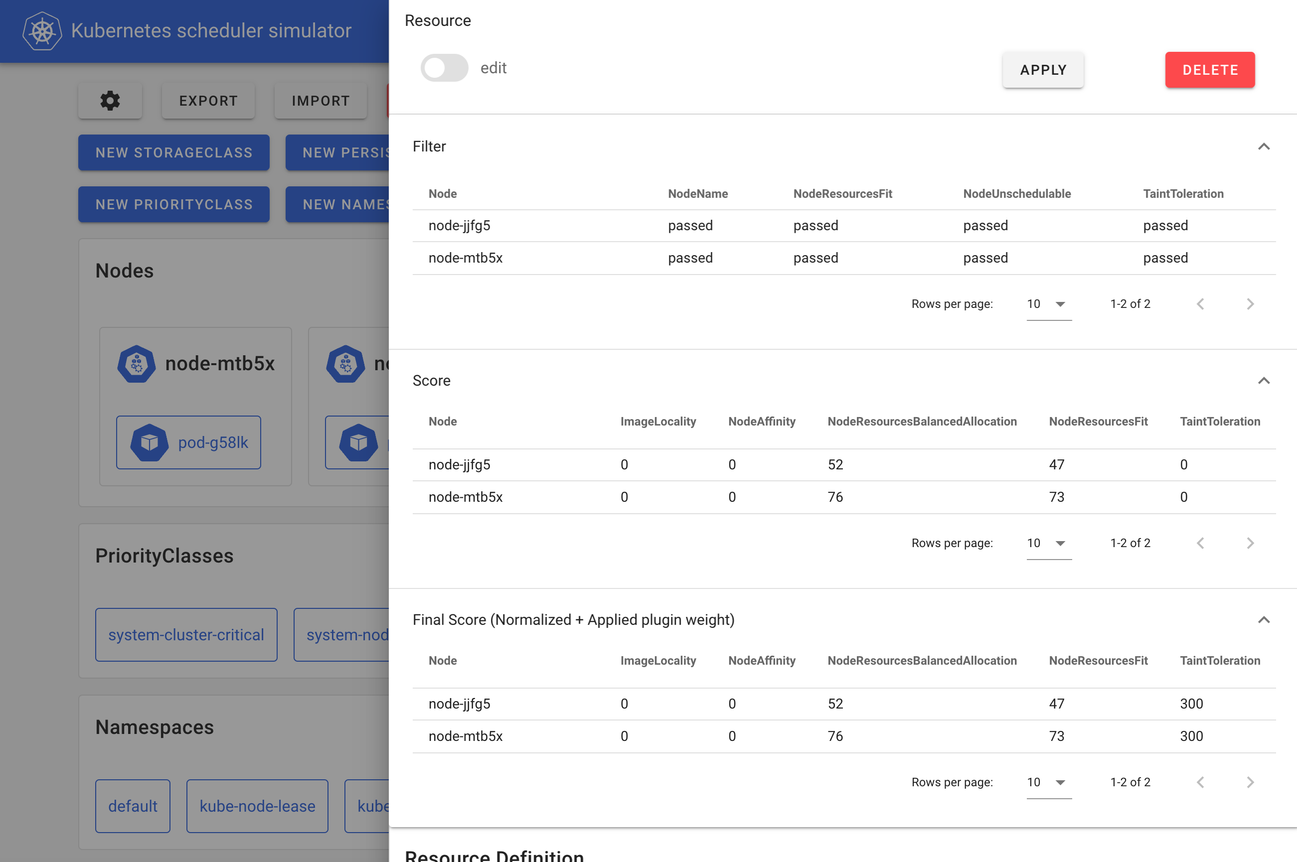 ノードごとおよび拡張ポイントごとの詳細なスケジューリング結果を表示する、シミュレーターのWebフロントエンドのスクリーンショット